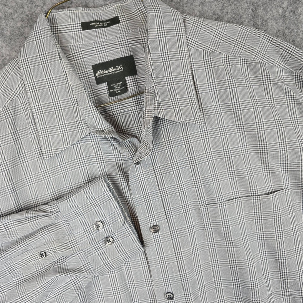 Eddie Bauer Mens XXL Grey Plaid Wrinkle Resistant Cotton Button Up Shirt 5977